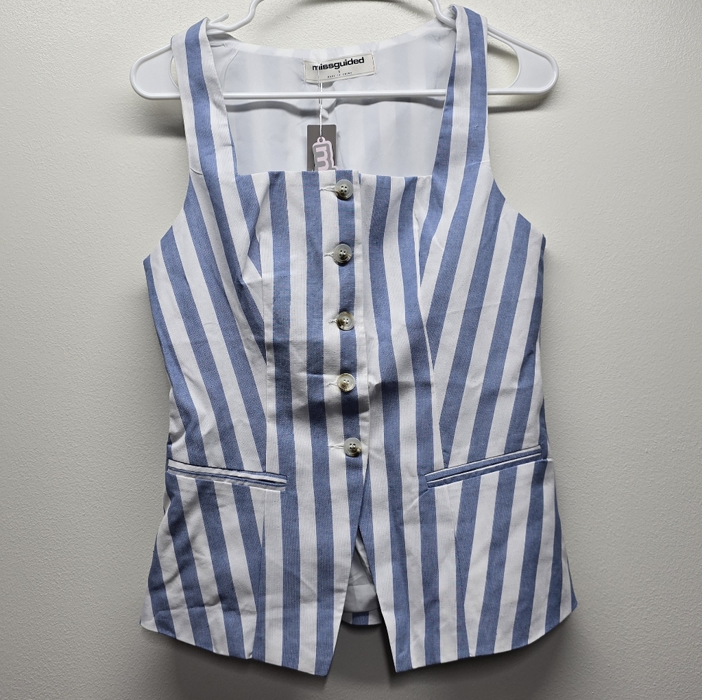 Missguided Striped Vest Small Button Front NWT Blue White🎁 GIFT